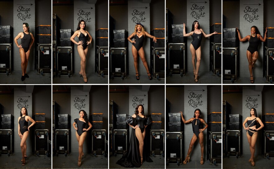 Miss Trans Global 2023 contestants show off their black swimsuits backstage.