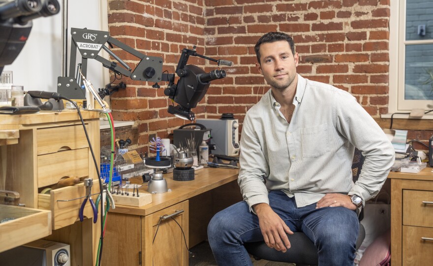 Wove co-founder Andrew Wolgemuth, at his jewelry workshop in Lancaster, Pa.