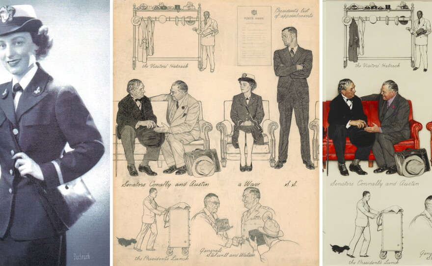 Navy WAVE Eloise English Davies, left, was wearing her "dress blues" for her visit to the White House. But in Rockwell's Saturday Evening Post series, right, she appeared in white. Her daughter, Meredith Davies Hadaway, says that caused a bit of a stir in military circles. Rockwell sent Eloise English Davies a sketch of the scene, center, perhaps for proof that she was, in fact, wearing blues that day.