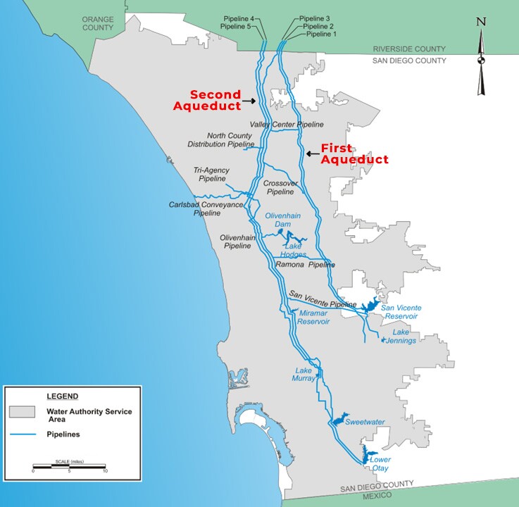 A map is shown showing the major water transmission pipelines that bring water into San Diego County.