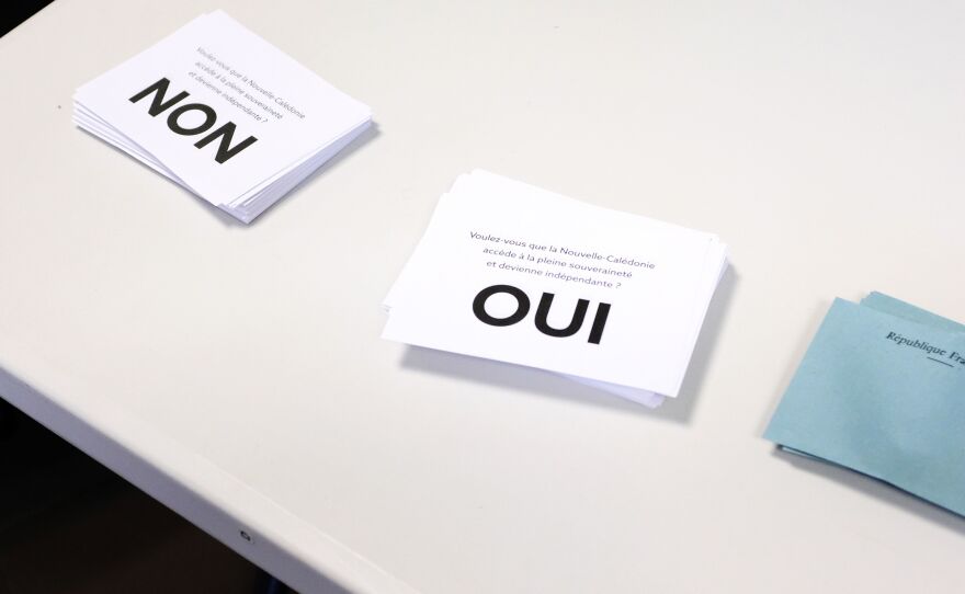 Voting forms at a polling station in Noumea on October 4, 2020.