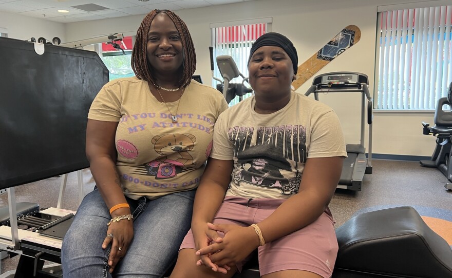 Erica Dorsey at a physical therapy appointment with her son on Oct. 12, 2023. Aaron Hunter is recovering remarkably well after accidentally getting shot in the head on June 22, 2023.