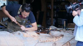 Artist Nicholas Galanin wood carving, 2020.