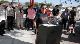 City Heights resident Maria Cortez discusses her nearly three-decade wait for a bus route called Centerline at a 2011 press conference. Residents have fought for the long-delayed transit project since the 1980's, when it was promised to them in exchange for allowing CalTrans to extend Interstate-15 through their neighborhood.
