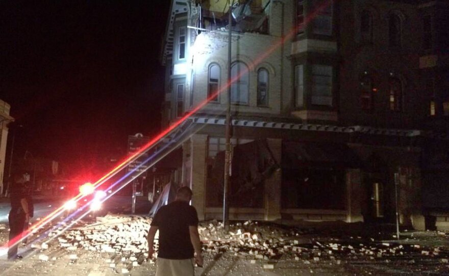 A photo provided by Lyall Davenport shows damage to a building in Napa, Calif. early Sunday.