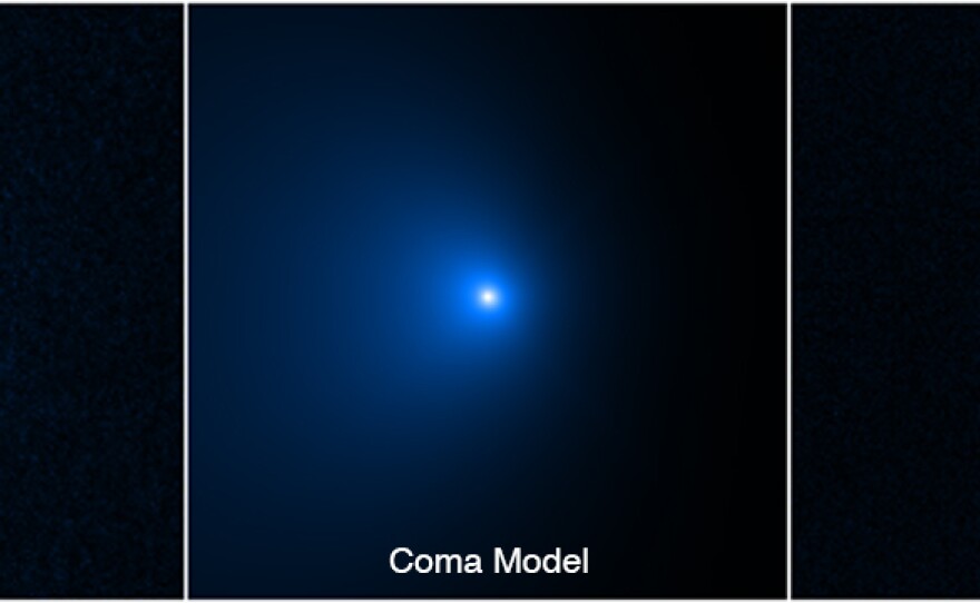 This sequence shows how the nucleus of Comet C/2014 UN271 was isolated from a vast shell of dust and gas surrounding the solid icy nucleus. On the left is a photo of the comet taken by the NASA Hubble Space Telescope's Wide Field Camera 3 on Jan. 8. A model of the coma (middle panel) was obtained by fitting the surface brightness profile assembled from the observed image on the left.