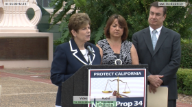 San Diego County District Attorney Bonnie Dumanis took the podium as law enforcement officials and members of victims families urged voters to defeat Proposition 34, which would repeal the death penalty in California. 