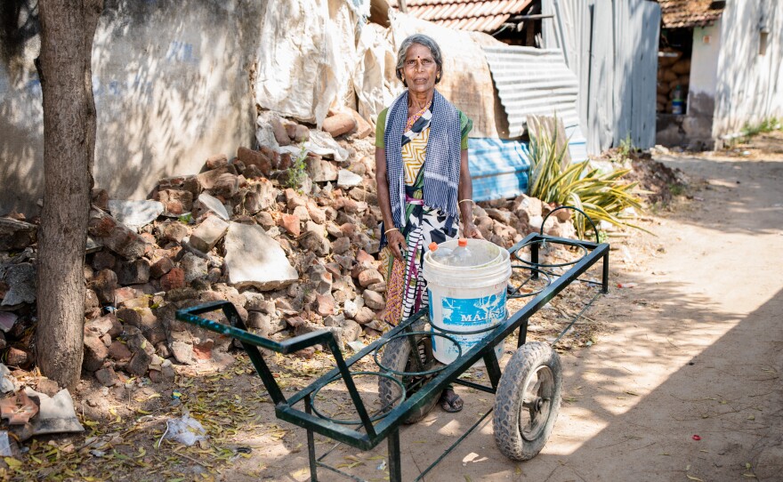 Veni, 62, works alone, unable to afford labor. Her husband is bed-ridden after a stroke last year. Older chili farmers face immeasurable financial difficulties with little support, she says. She paid a blacksmith $50 to design this pushcart to help her haul the chiles she picks back to her home in one trip.