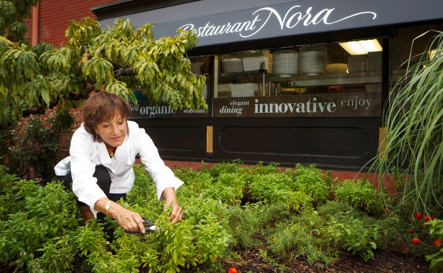 Chef, cookbook author and owner of Washington, D.C.'s Restaurant Nora, Nora Pouillon, in the restaurant's garden.