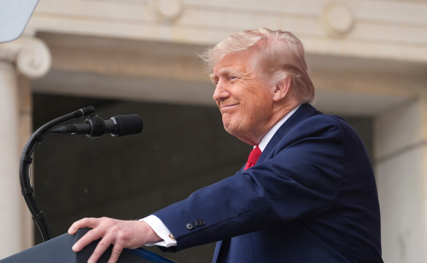 President Trump speaks at the Memorial Amphitheater in Arlington National Cemetery on May 25 in Arlington, Va.