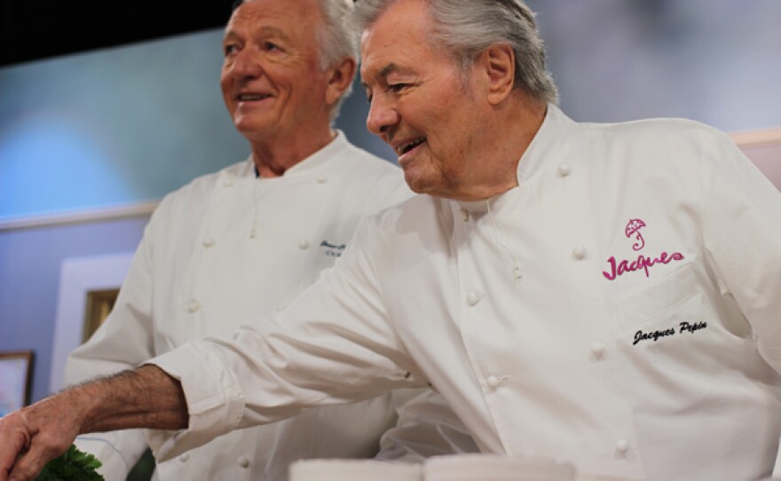 Best friends Jacques Pépin (right) and pastry chef Jean-Claude Szurdak (left) on the set of HEART & SOUL.