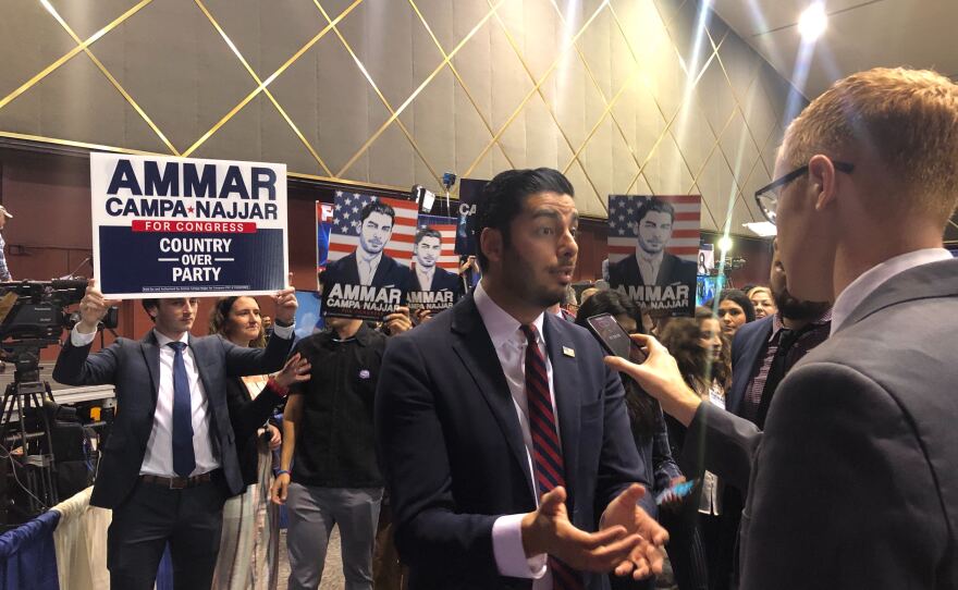 Ammar Campa-Najjar speaking to KPBS reporter Andrew Bowen at Golden Hall on Mar. 3, 2020.