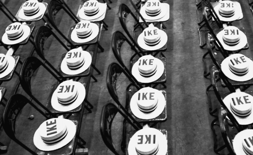 Moments before a night session of the Republican National Convention in Chicago in 1952, the seats of New York delegates were covered with "Ike" straw hats for Dwight Eisenhower.