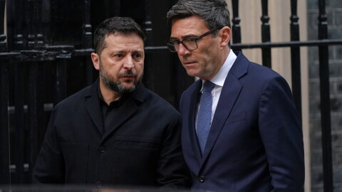 Britain's Prime Minister Andy Burnham says goodbye to Ukraine's President Volodymyr Zelenskyy after their meeting at 10 Downing Street in London, Wednesday, Oct. 14, 2026.