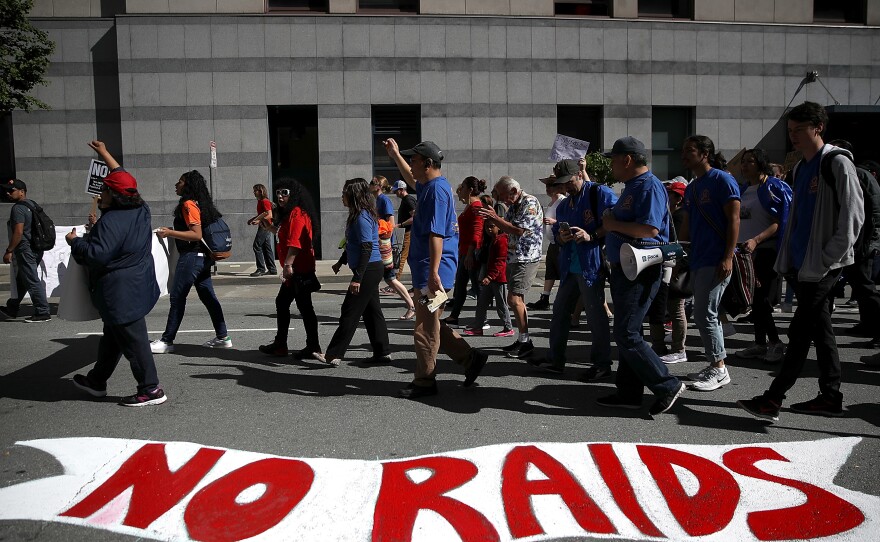 Protesters march during a May Day demonstration outside of a U.S. Immigration and Customs Enforcement (ICE) office on May 1, 2017 in San Francisco, California.