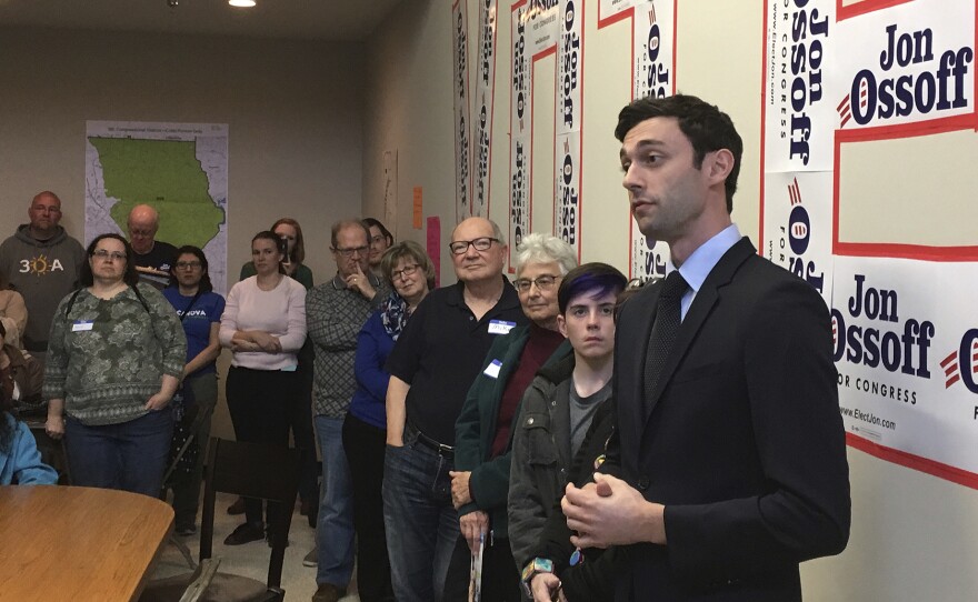 Georgia Democratic congressional candidate Jon Ossoff speaks to volunteers in his Cobb County campaign office last month.