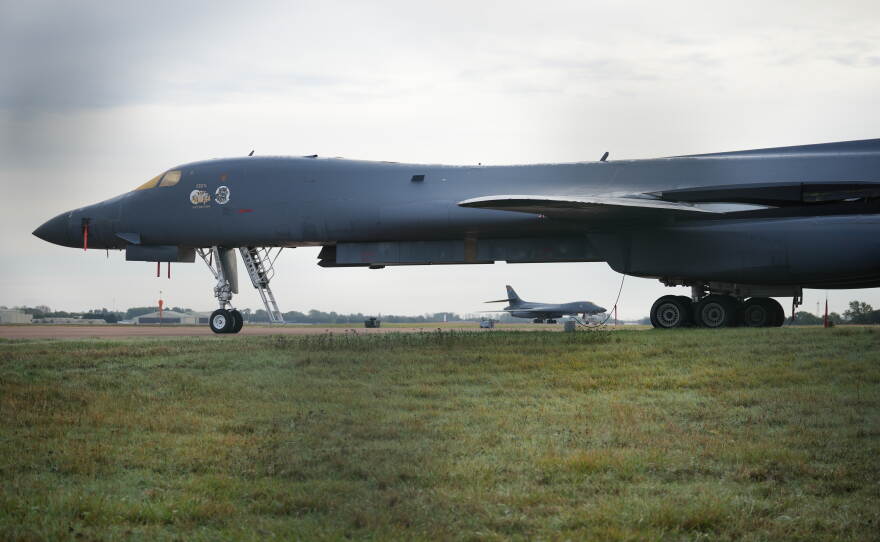 A B1 USAF bomber on the tarmac at RAF Fairford in Fairford, England, Monday, Sept. 28, 2026.
