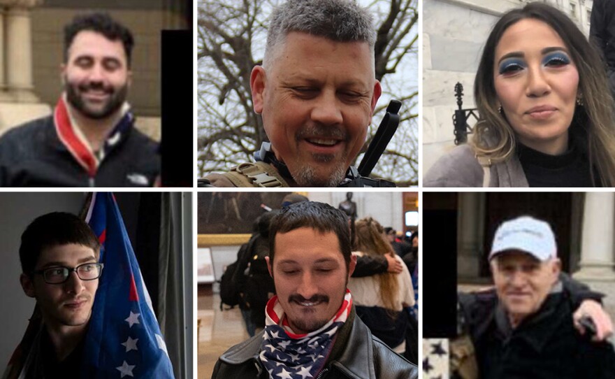 Clockwise from top left: Casey Cusick, Christopher Worrell, Stephanie Baez, James Cusick Jr., William Pepe and Jeremiah Caplinger are all charged in relation to the Capitol riot and have been represented by Pierce.