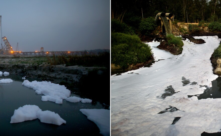 Raw sewage spills directly into the Yamuna River at the northern edge of New Delhi.