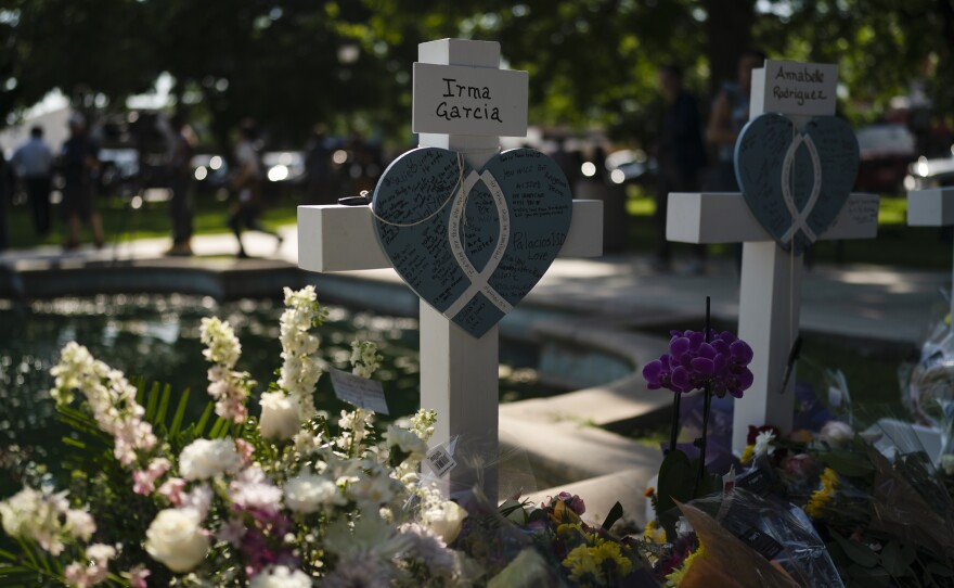 A memorial for Irma Garcia, a fourth-grade teacher killed in last week's school shooting in Uvalde, Texas. Her husband, Joe, died of a heart attack two days later.