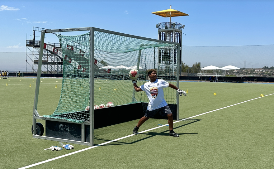 Isaac Vargas, 12, plays goalie at soccer camp, Thursday. He is a 7th-grade student at San Diego Unified's Language Academy, Chula Vista, Calif., July 27, 2023.