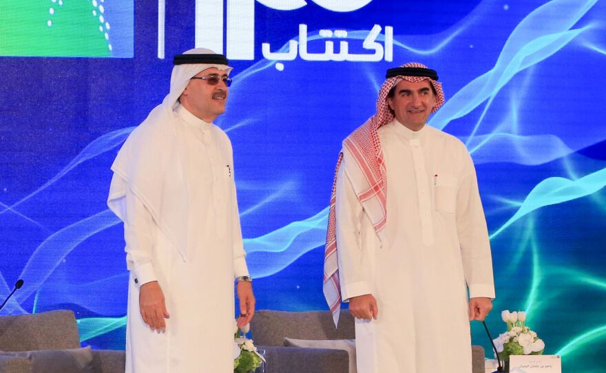 President and CEO of Saudi Aramco Amin Nasser and company chairman Yasir al-Rumayyan at a press conference in Dhahran, Saudi Arabia on Sunday. The privately-owned oil giant announced it will IPO next month.