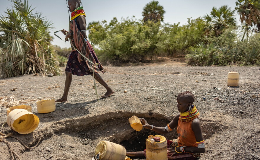Moitie Carmele, 35, collects water from a hole dug into a dried riverbed near the shore of lake Turkana in northern Kenya.