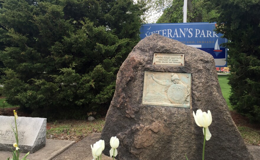 The Remember the Maine memorial in Veterans Park, next to city hall in East Chicago, Ind.