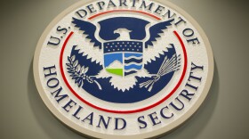 The Homeland Security logo is seen during a joint news conference in Washington, Feb. 25, 2015. 