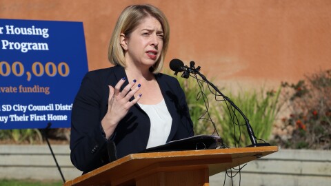 District 5 City Councilmember Marni von Wilpert speaks at a press conference announcing the Housing Opportunities for Public Educators grant program on Wednesday, Feb. 19, 2025.