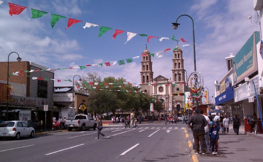 Downtown Ciudad Juarez, Mexico decorated ahead of the Mexican Independence celebration.