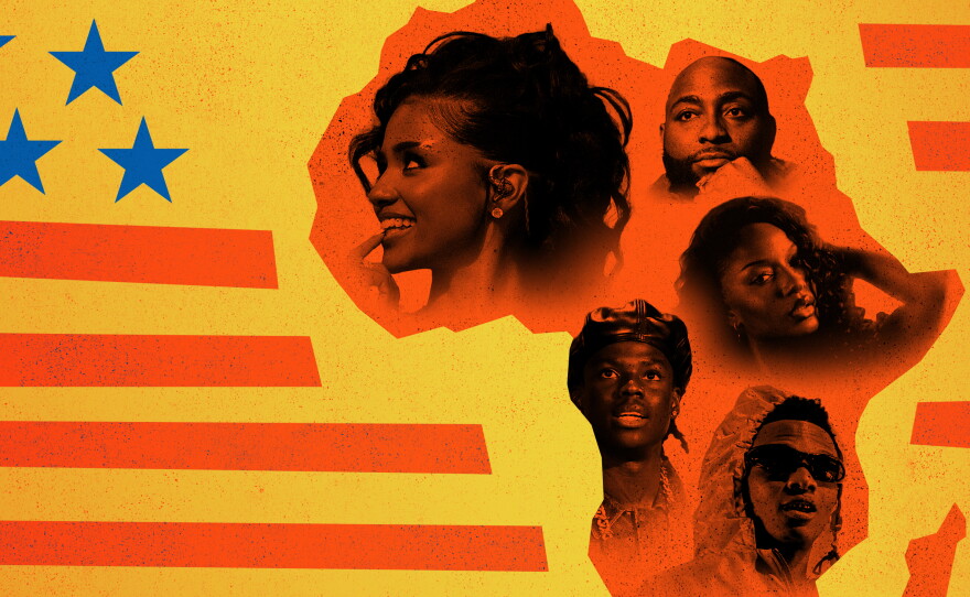 A few of the stars of African pop's recent westward expansion. Clockwise from top left: Tyla, Davido, Ayra Starr, Wizkid, Rema.