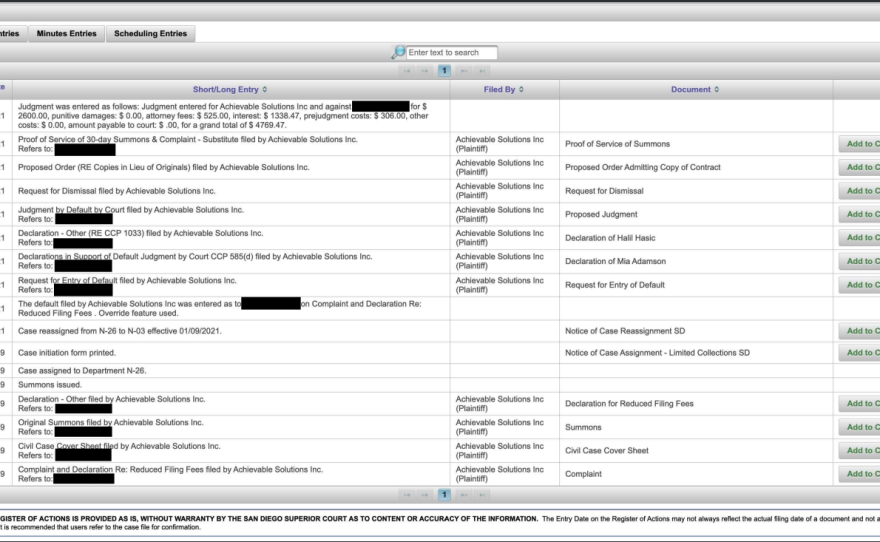 A screenshot of the judgment in a 2019 San Diego Superior Court case. The defendant’s name has been redacted.