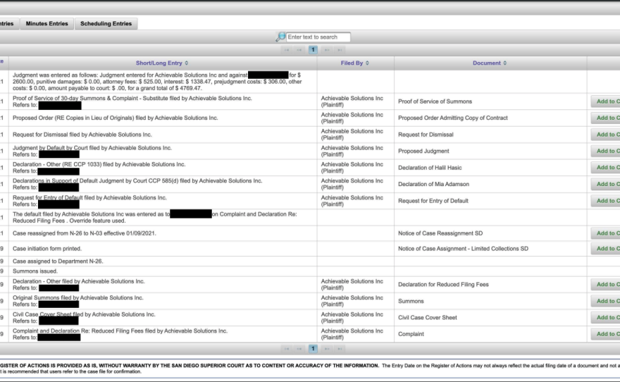 A screenshot of the judgment in a 2019 San Diego Superior Court case. The defendant’s name has been redacted. 