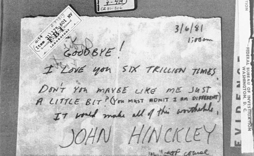 A note written by Hinckley to actress Jodie Foster just over three weeks before President Reagan and others were shot was used as evidence in his trial.