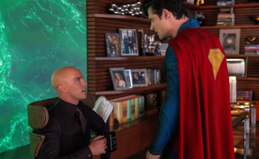 Nicholas Hoult as Lex Luthor taunts David Corenswet's Superman in James Gunn's "Superman." (2025)