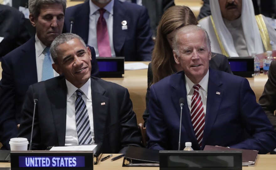 Then-President Barack Obama with Biden at a summit on refugees during the U.N. General Assembly in 2016.