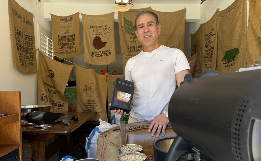 Omid Ghamami, a micro coffee roaster in Carlsbad, poses for a portrait inside his residential coffee roasting facility on March 13, 2026.
