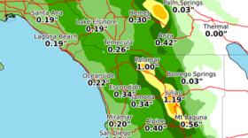 This map of San Diego County shows expected rainfall totals from a low pressure system sweeping through the region, Jan. 5, 2017.