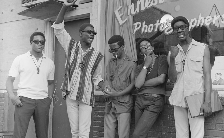 Southern Christian Leadership Conference members (SCLC), civil rights advocates, March Against Fear. L-R: unknown, Floyd McKissick, unknown (maybe Bernard Lee), Martin Luther King, Jr, James Lawson, Stokely Carmichael (Kwame Ture), Ernest C. Withers, Withers son (?). King joined to draw attention to the march started by James Meredith after Meredith was shot by a white segregationist, June 7, 1966