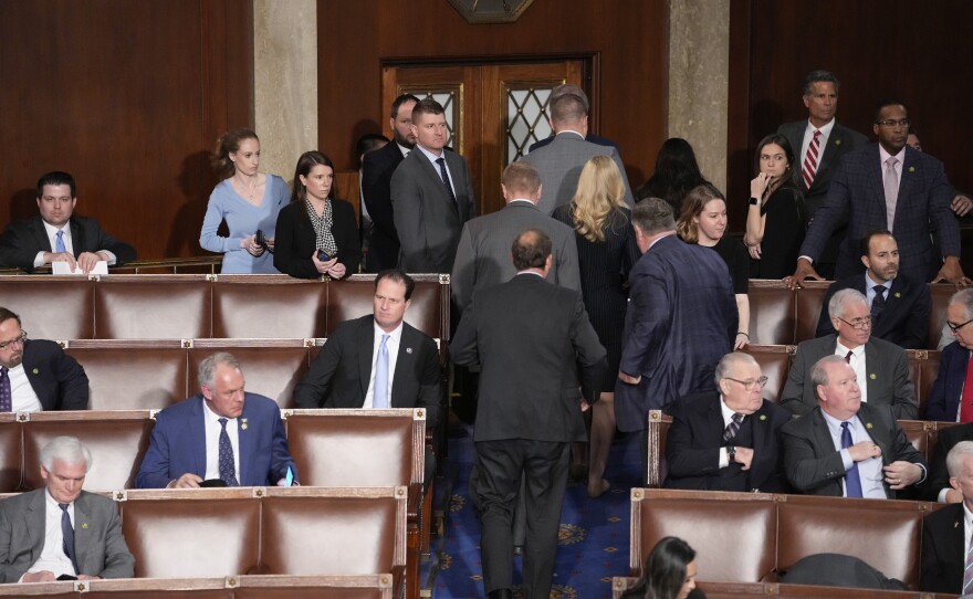 Republican members walk out of the chamber as Rep. Matt Gaetz, R-Fla., speaks as the House meets for the fourth day to elect a speaker.