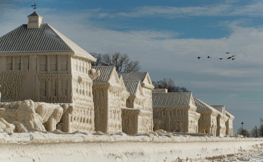 Geese fly over frozen homes in the waterfront community of Crystal Beach in Fort Erie, Ontario, Canada.
