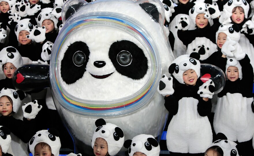 The Mascot of the 2022 Olympic Winter Games, Bing Dwen Dwen, is seen unveiled during a launching ceremony at Shougang Ice Hockey Arena in 2019 in Beijing.