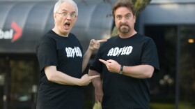 A photo of actor/comedian Rick Green and Canadian comedy legend Patrick McKenna wearing ADHD t-shirts. 