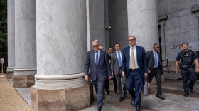 Leon Black, left, a billionaire who was close with Jeffrey Epstein, walks out of the Rayburn House Office Building at the Capitol after his interview about Epstein with the House Oversight Committee, in Washington, Friday, June 26, 2026.