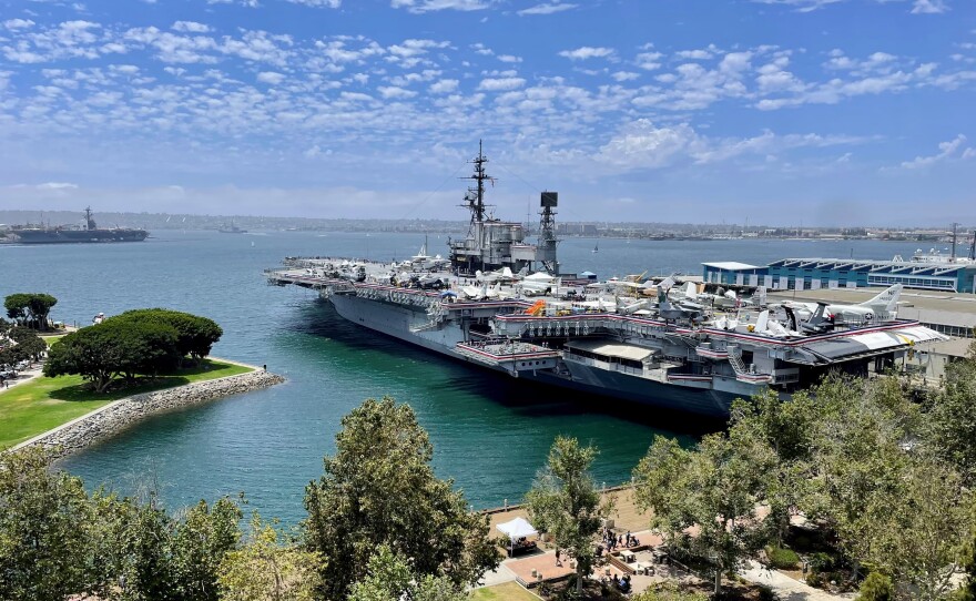 The USS Midway is moored on the San Diego Bay in this undated photo.