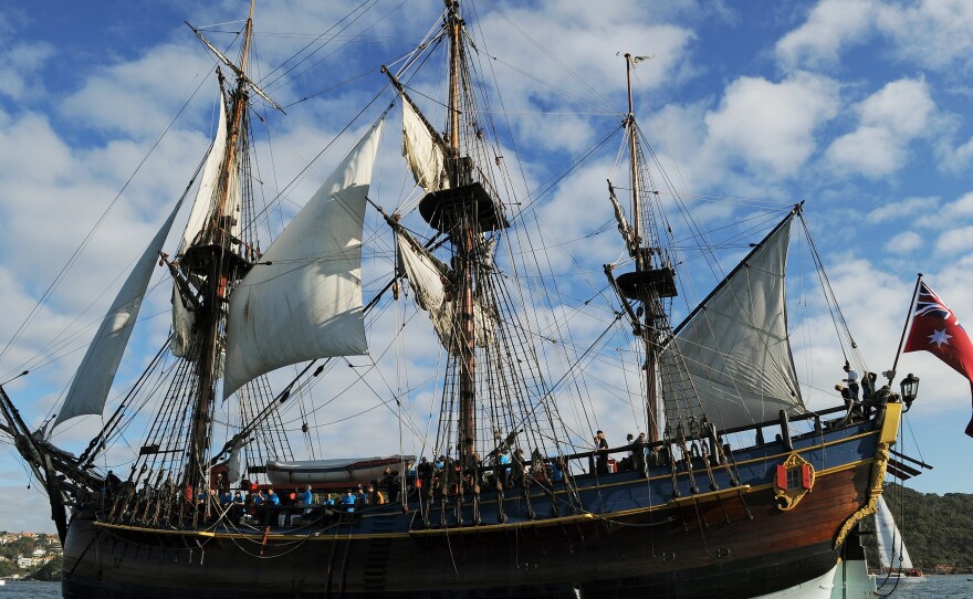 A replica of Capt. James Cook's Endeavour sails into Sydney Harbour in 2012. Researchers believe they may have found the wreckage of the original ship in Rhode Island.