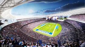 A rendering of the proposed Chargers stadium in Mission Valley. It was created by MEIS, a New York-based stadium architecture and design firm. 