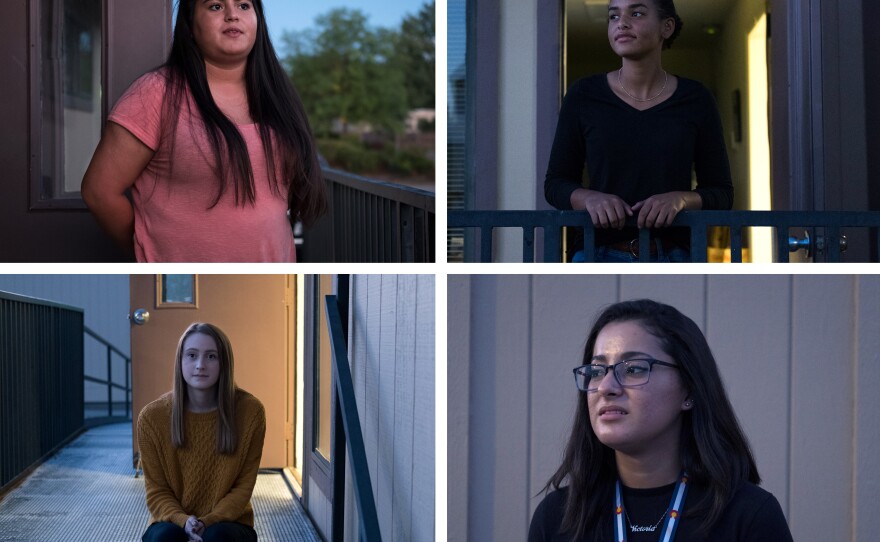 High School mentors in the Sources of Strength program (from top left, clockwise) Heidy Cardenas, Mawusi Danso, Victoria Mendoza and Johneth Price are trained to recognize when one of their peers is struggling. The goal is to reach students in need sooner rather than later.