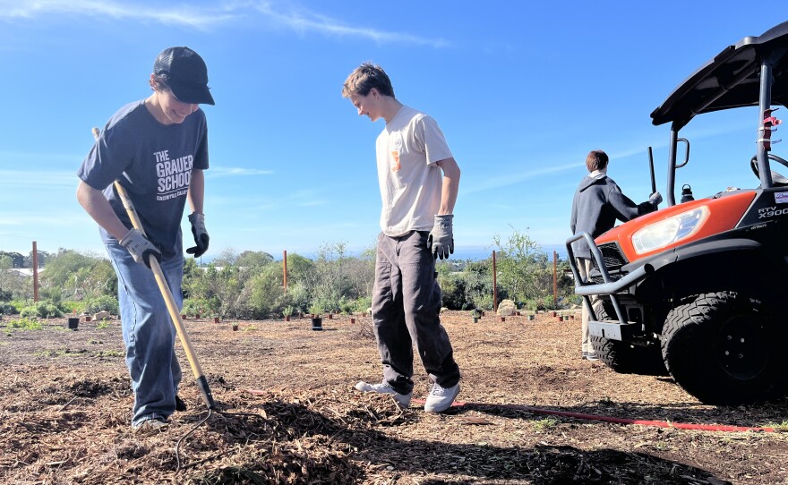 9th grade Grauer School students Michael Salameh and Dane Petty move mulch at Coastal Roots Farm, Jan. 20, 2026.